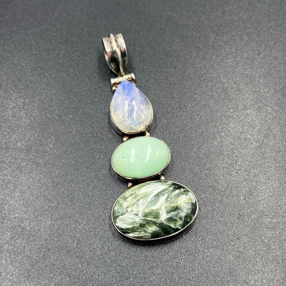 Green Chalcedony Seraphinite Moonstone Sterling Silver 925 Pendant
